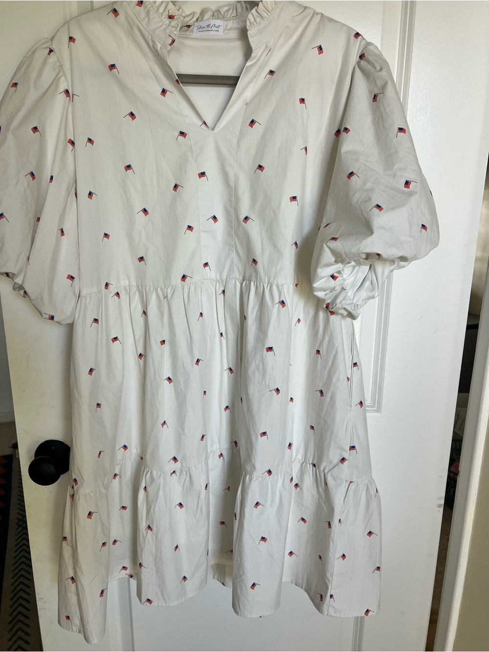 Women’s  White Tiered Dress with Mini Flag Print with pockets